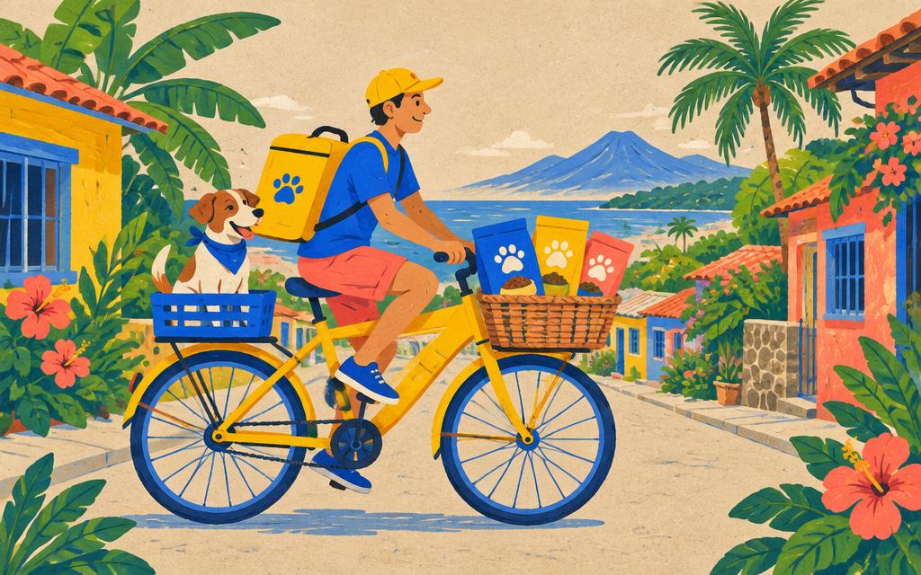 Repartidor en bicicleta con pedido de alimento y un perro